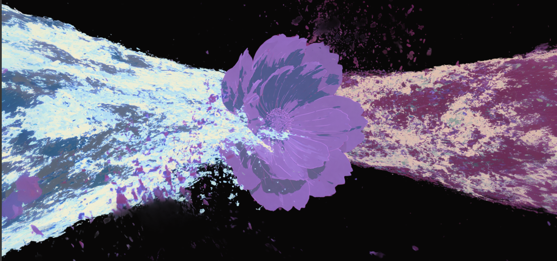 Two particle streams meet around a violet flower.